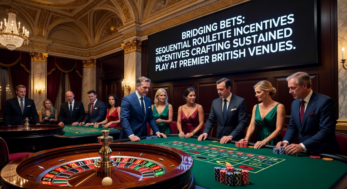Vibrant roulette wheel in action at a premier British casino, with sequential bonus icons overlayed to show chained rewards