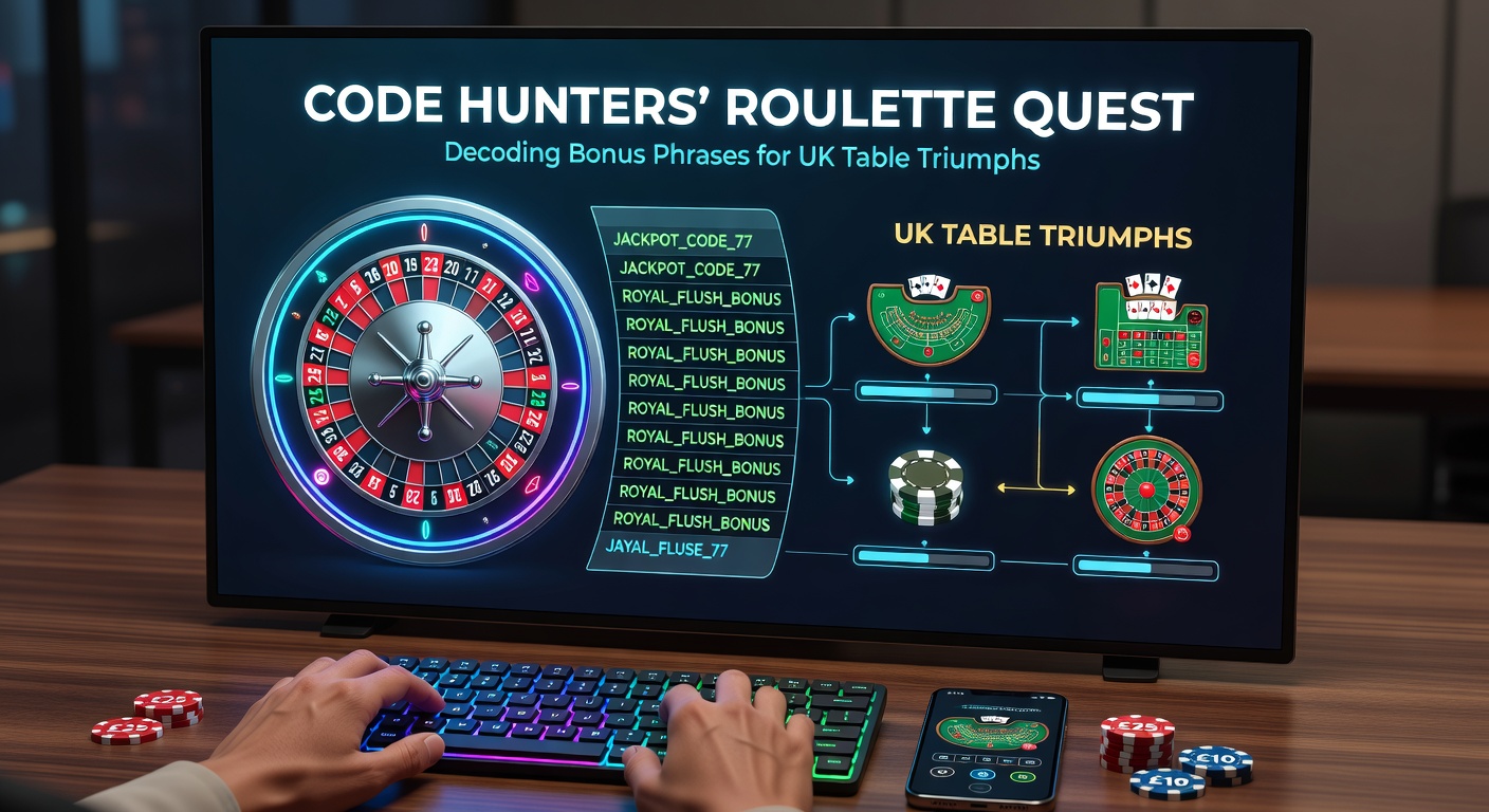 Code hunters huddled around screens, deciphering glowing bonus phrases on laptops while a roulette wheel spins in the background, capturing the thrill of the quest