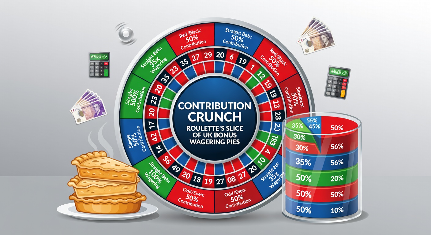 Close-up of roulette wheel with overlaid wagering requirement percentages and bonus pie chart segments