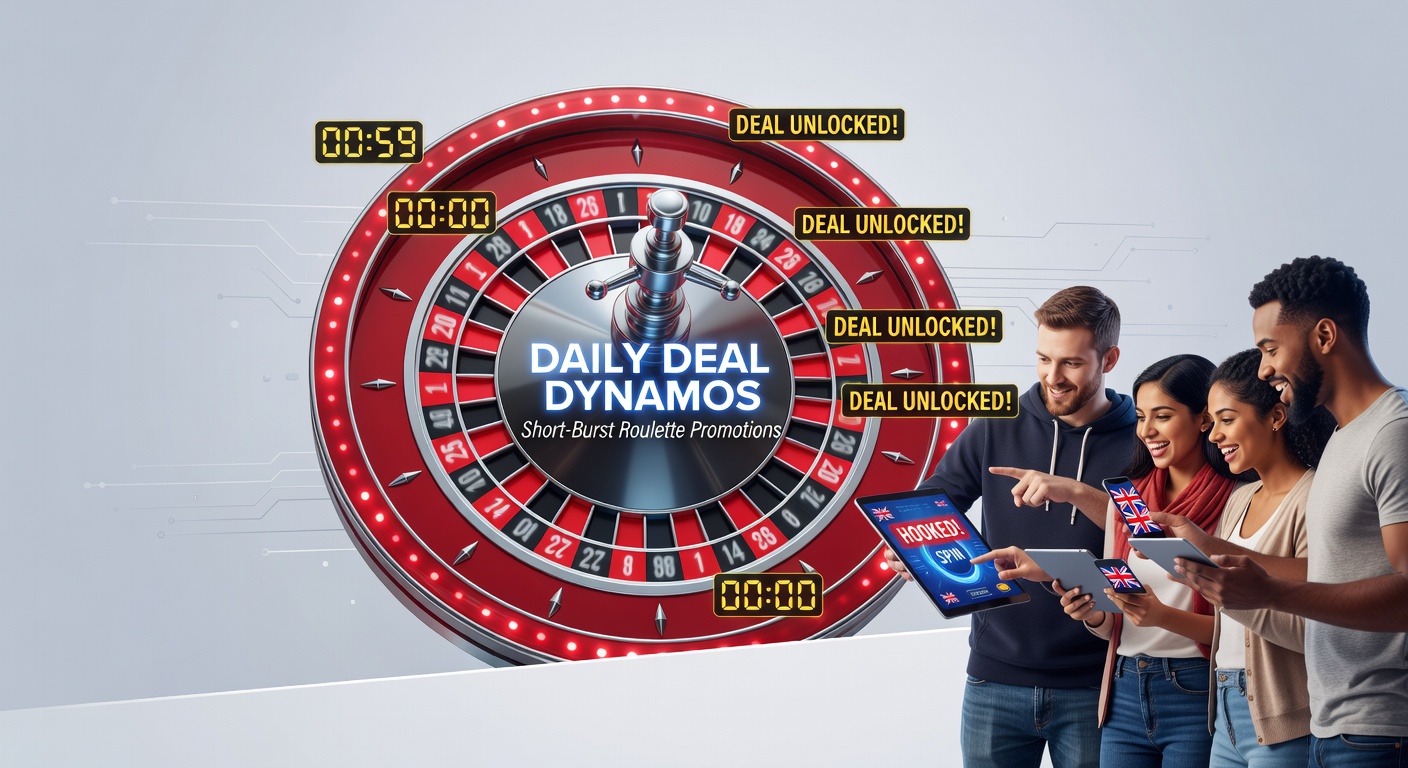 Vibrant roulette wheel with flashing daily deal notifications overlay, illustrating quick promotions for UK players