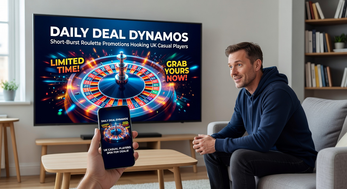 Mobile screen showing a timer ticking down on a roulette daily deal promo, with UK flag and spinning wheel in background