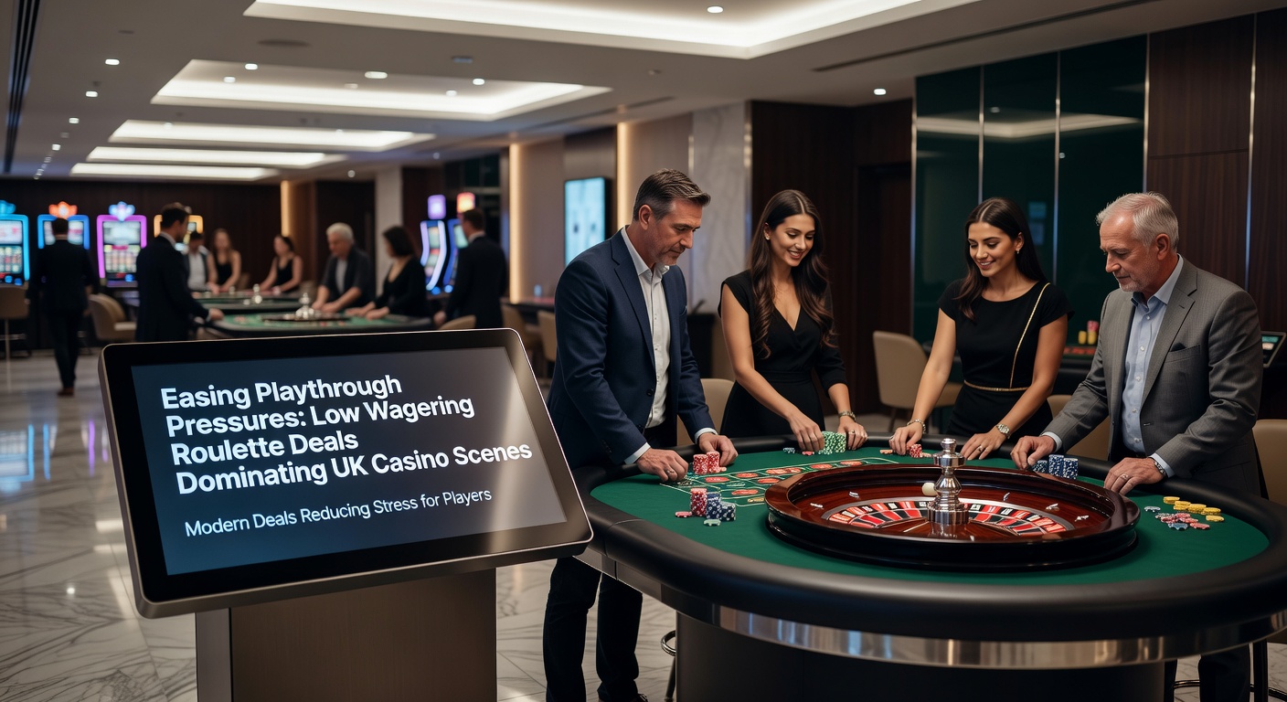 Vibrant roulette wheel with low wagering bonus icons overlayed, symbolizing reduced playthrough demands in UK online casinos