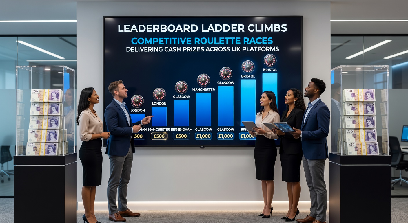 Illustrative ladder graphic showing roulette players ascending tiers toward a glowing cash prize summit on a UK casino interface
