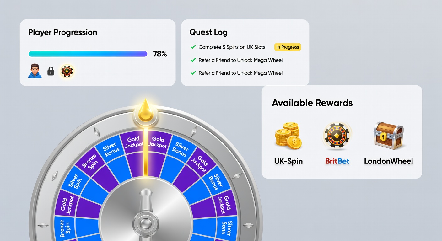 Screenshot of a UK casino app displaying a multi-level roulette quest with progress trackers, badges, and reward previews including free bets and cash prizes