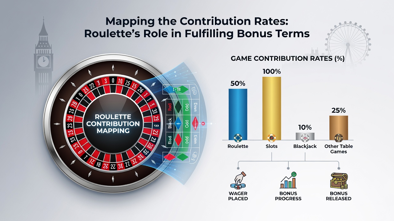 UK casino player reviewing bonus terms on mobile device with roulette contribution data displayed