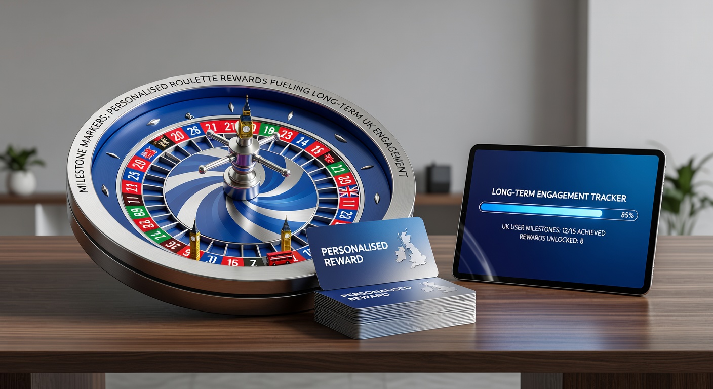 Vibrant roulette wheel with glowing milestone badges overlay, symbolizing personalized player achievements and rewards in UK casinos
