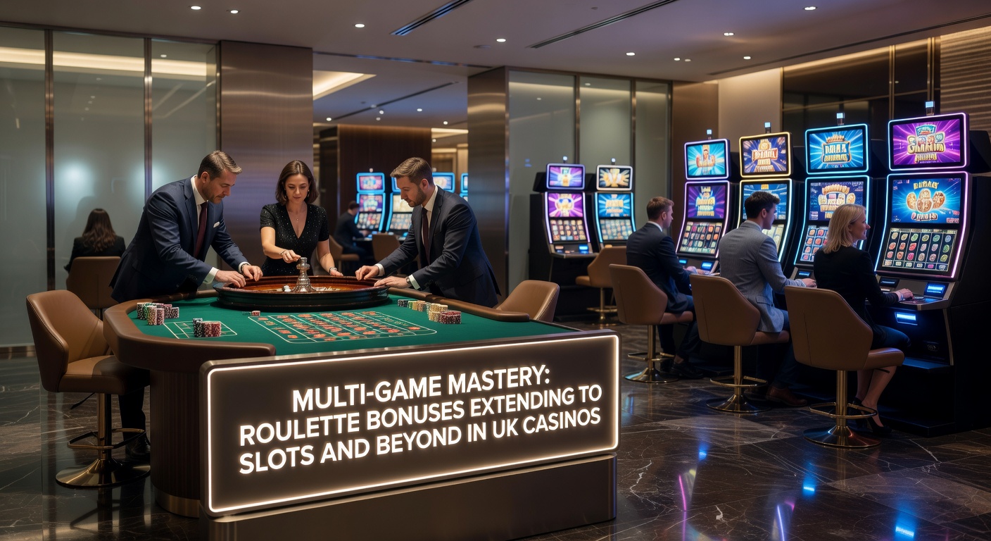 Dynamic split-screen of a roulette table merging into slot machines with bonus overlays, highlighting cross-game wagering paths