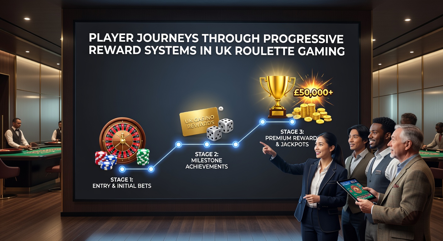 Illustration of roulette players advancing through tiered reward levels at a UK casino table
