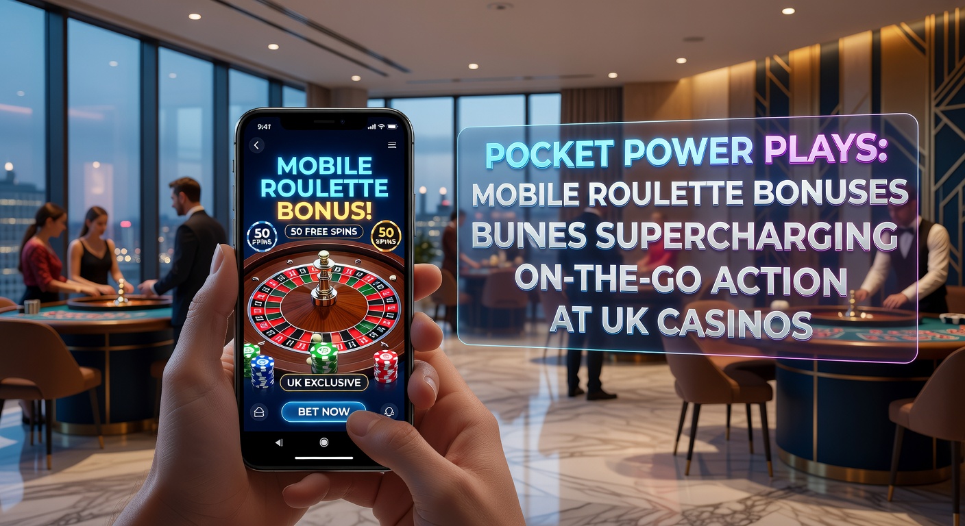 Close-up of a hand holding a phone with roulette wheel spinning on screen, overlaid with bonus icons and UK casino branding during an evening commute