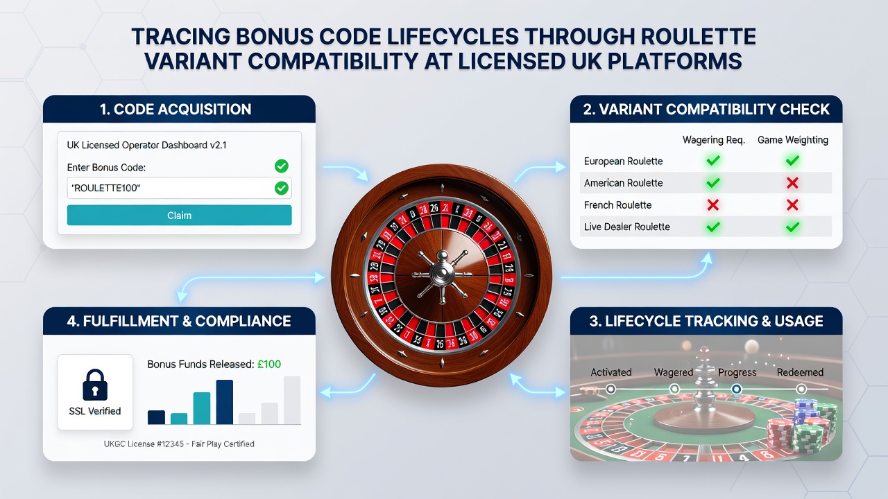 Flowchart showing bonus code lifecycle stages connected to different roulette variants