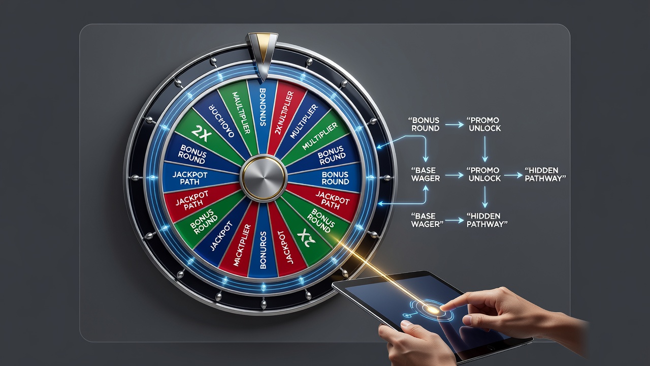 Player interface showing active promo layers, progress bars, and unlocked wagering pathways in wheel games
